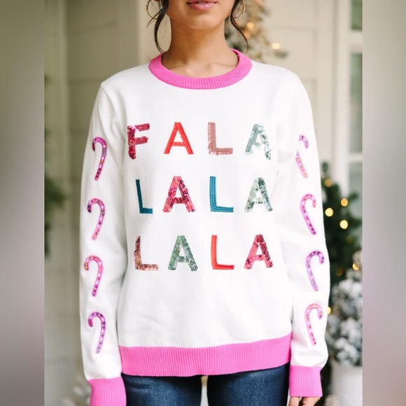 WHY DRESS Fa La La La Candy Cane Sequin Christmas Holiday Sweater White & Pink - Picture 1 of 11